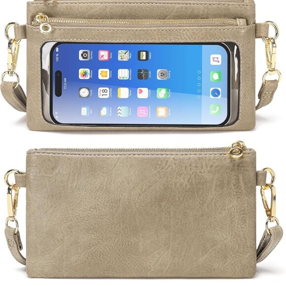 Versatile Khaki Leather Wristlet and Crossbody Bag - Perfect for Everyday Use